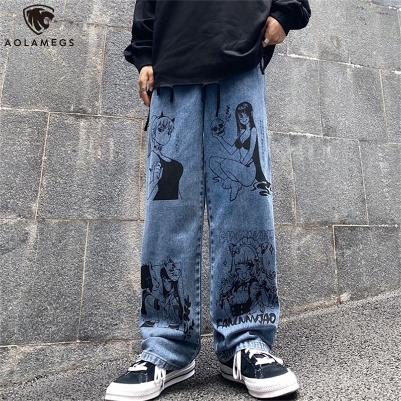 Aolamegs Retro Men Jeans Anime Print 