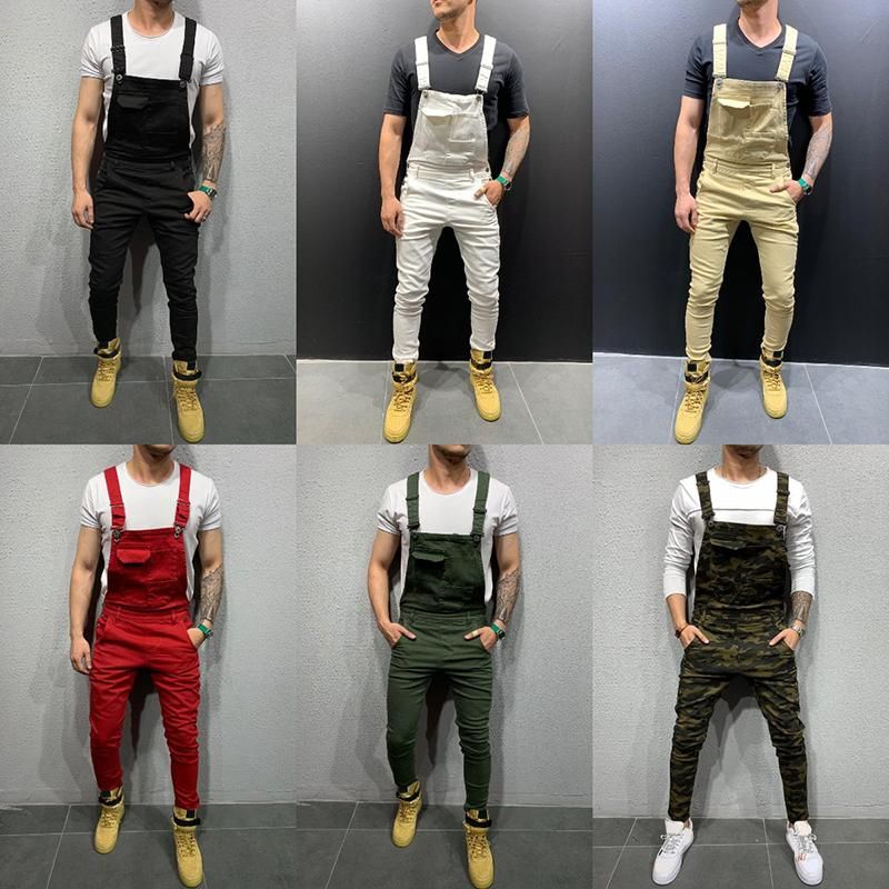 Mens White Denim Overalls Fashion Red 
