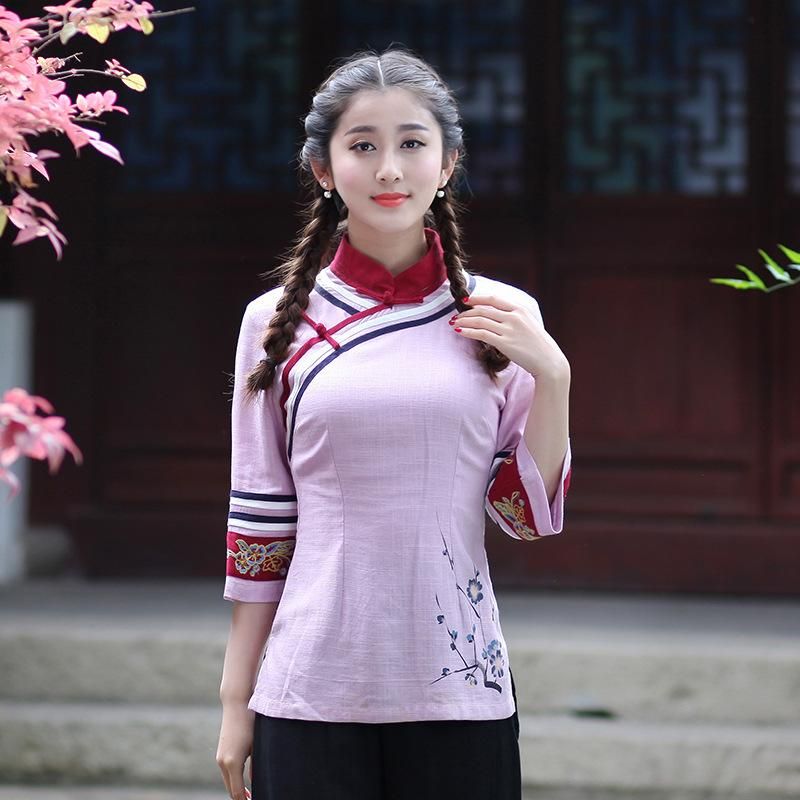 Compra Rosa De Algodón Ropa De Cama Camisa De Mujer Estilo Chino Mandarin  Cuello Tops Fashion Flower Blusa S M L XL XXL XXXL 021117 Camisetas De Las  Blusas De Las Mujeres