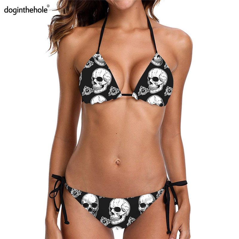 doginthehole Skull Printed Beachwear Summer Girls Swimming Suit Halter One-Piece