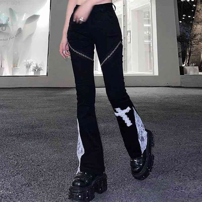 Compra Mall Negro Gótico Cross Cross Lace Flare Pantalones Mujeres Fairy  Grunge Punk Harajuku Pantalones Góticos Cyber \u200b\u200bY2k Aesthetic Emo Alt Ropa  Barato | Entrega Rápida Y Calidad | Es.Dhgate