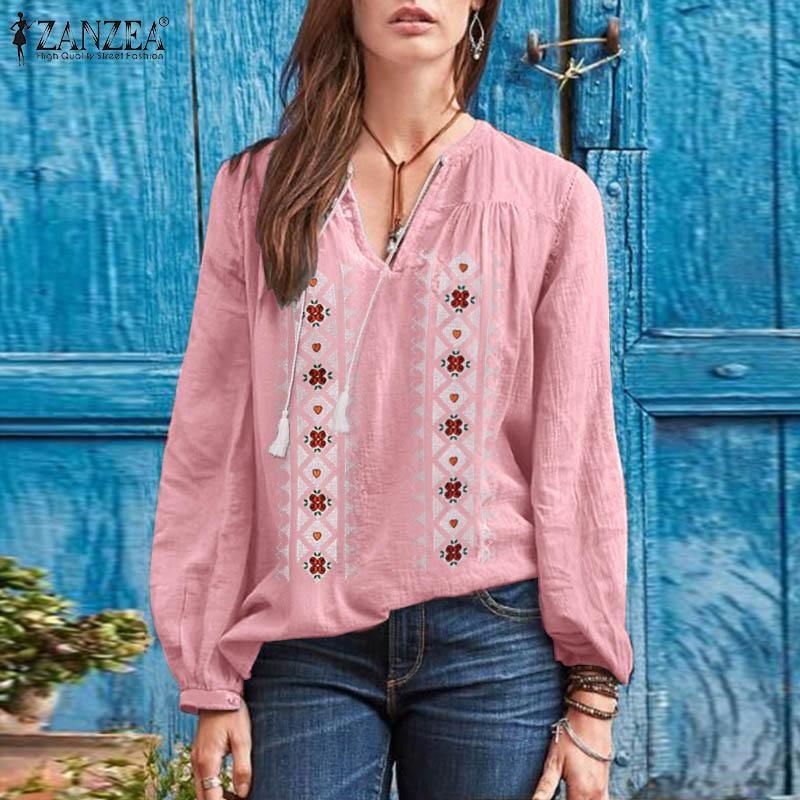 Rosa Manga ZANZEA Womne blusa larga bordado floral O-Cuello Botón top de la camisa de lino 