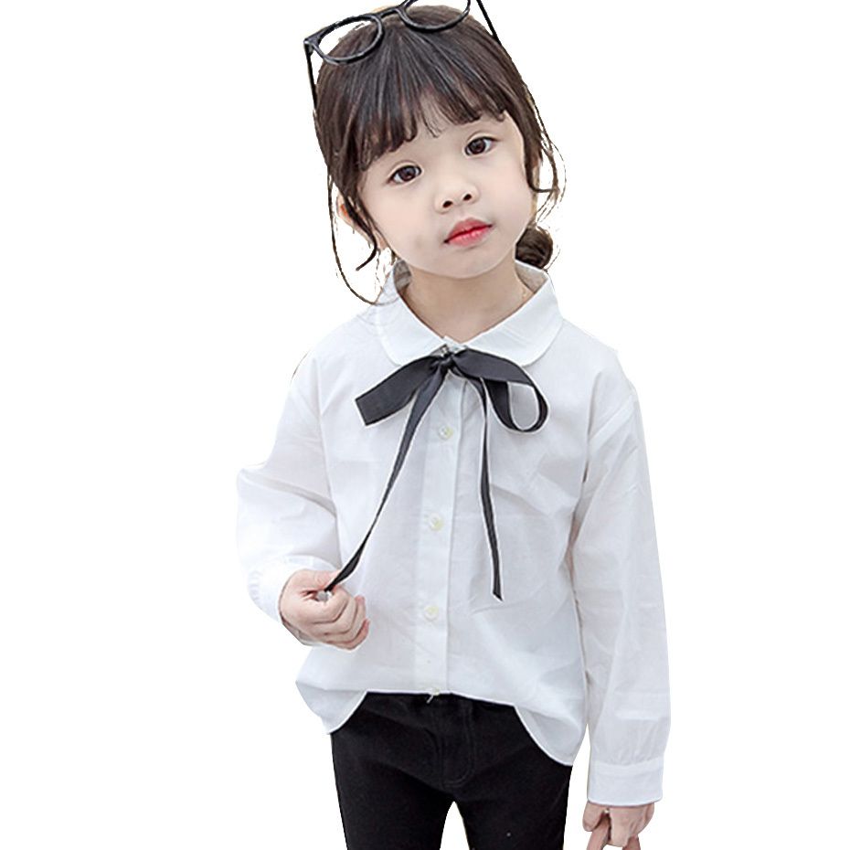 blancas para las niñas Bow Shirts Color sólido Blusa de niños Ropa estilo casual