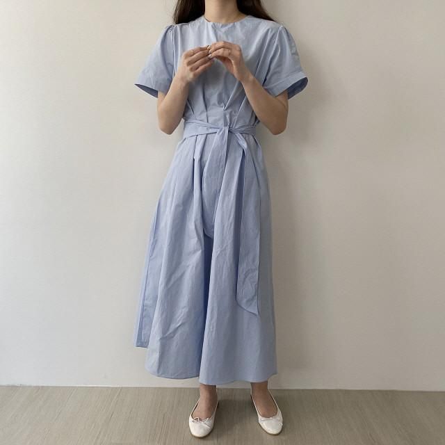 Korean Fashion Belted Long Dress Women Short Sleeve O Neck Summer ...