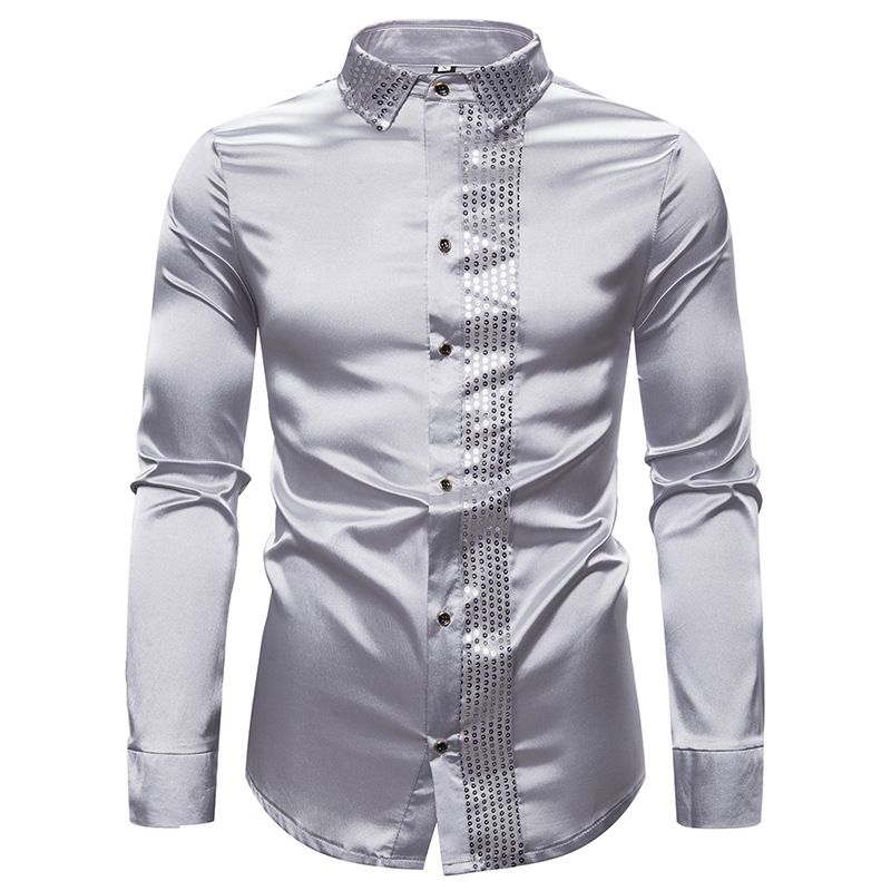 brillo de lentejuelas para hombre nuevo manga larga seda discoteca brillante camisa de