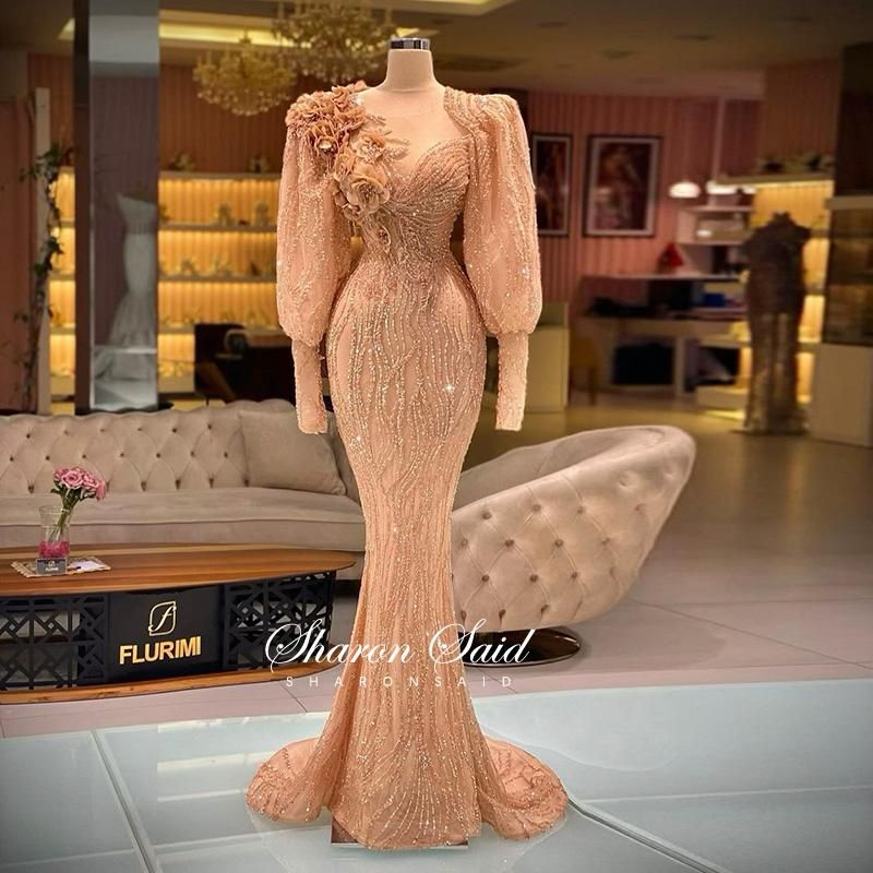 Vestido de noche de manga larga de oro de Dubai Rosa de lujo para mujer vestidos Vestido de noche de manga larga de oro de Dubai Rosa de lujo para mujer vestidos