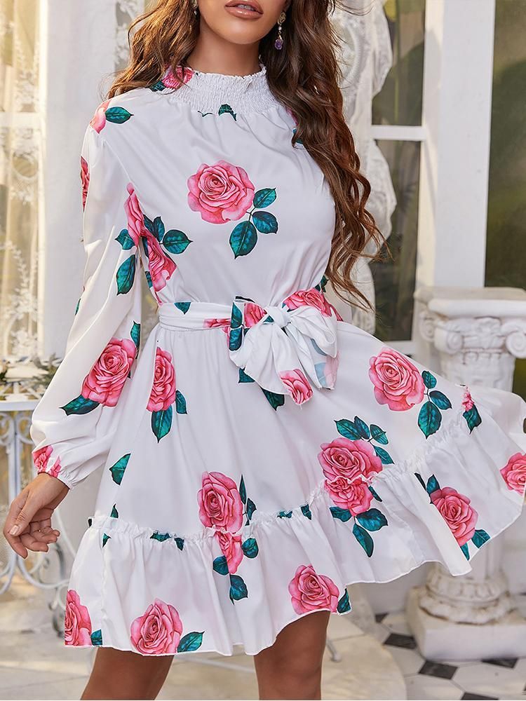 casuales SheIn Vestidos Mujer VERANO 2021 Rosa Impresión de rosa Cuello alto Ruffles Hem Boho