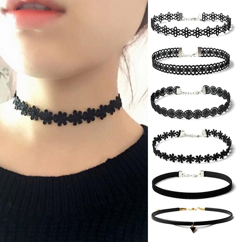 New 5pcs/set Lace Velvet Choker Star Chain Vintage Collar Necklace Jewelry Black