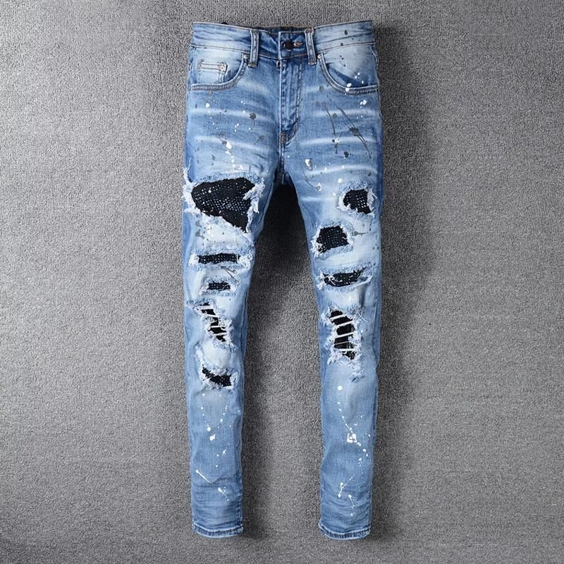 Compra Hombres Jeans Marca Blue Elastic Elastic Romed Biker Parches  Pantalones Rotos Hip Hop Skinny Homme Barato | Entrega Rápida Y Calidad |  Es.Dhgate
