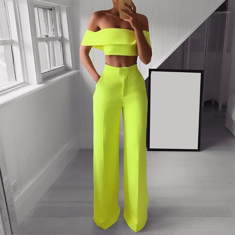 Shoulder Crop Top Straight Pants Set 