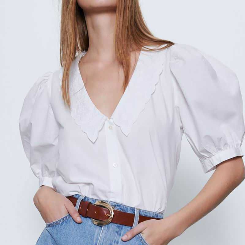 Mujer Camisa de verano media manga Tops cortos Blusa de bordado de señora
