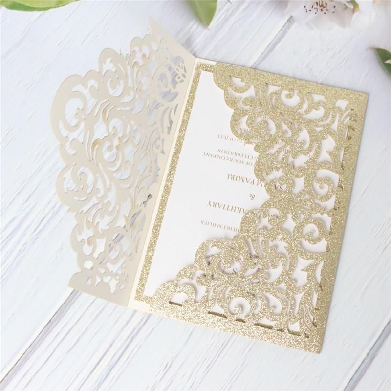 Greeting Cards Glitter Invitations Hollow Gold Silver Rose Wedding Bridal Gift Card Birthday Customized Printing