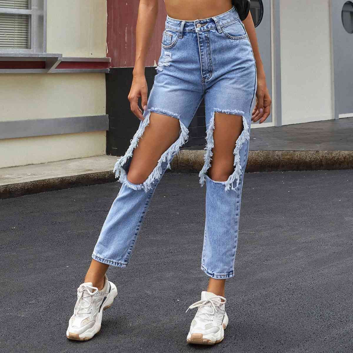 Jeans rasgados rectos para mujeres Cintura alta Denim Moda Springwear Pantalones Pantalones