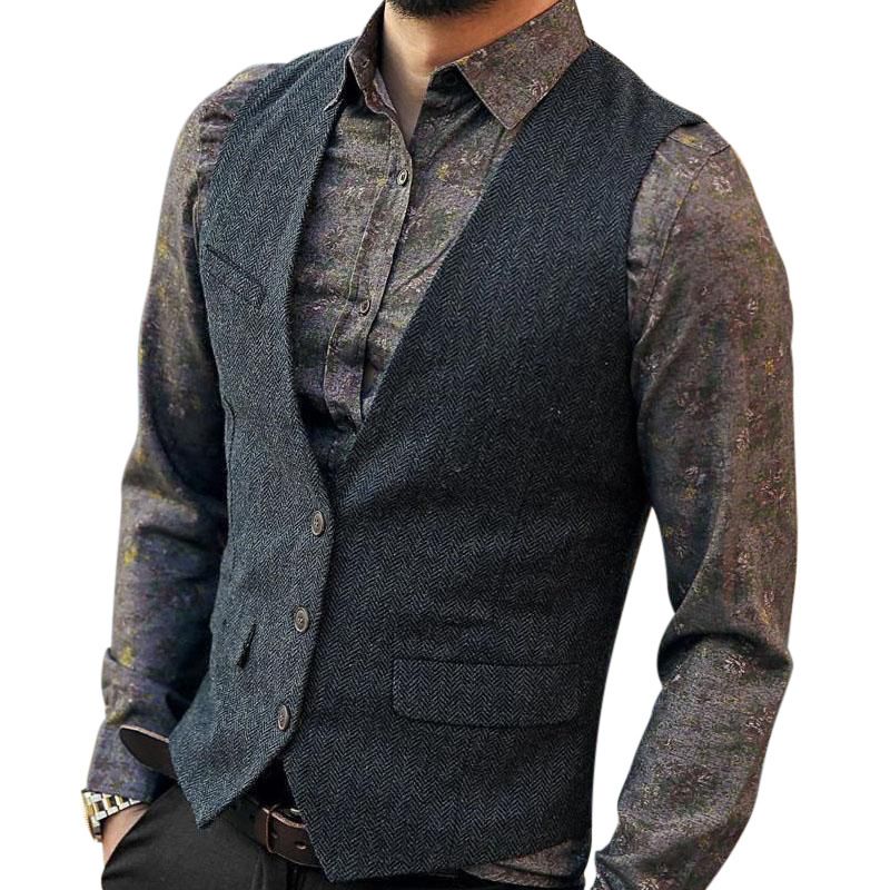 Solid Tweed Mens Suit Vest Slim Herringbone Casual Waistcoat Men