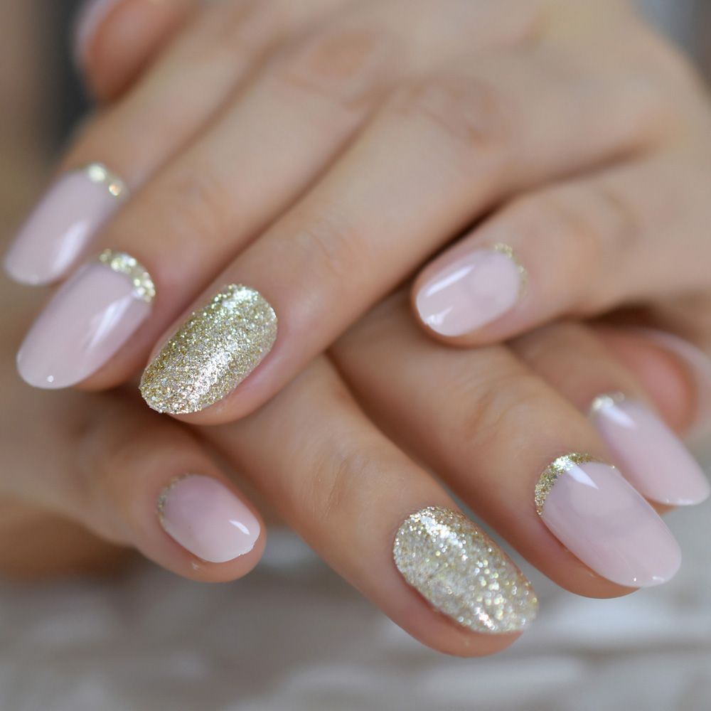 Light Pink Oval Fake Nails Daily Style Gold Glitter Moo Short Nail Art Tips Press On Nails Shimmer Manicure Tip With Adhesive From Fzyiyi10 18 94 Dhgate Com