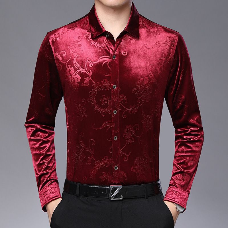 Wine Red Velvet Floral Dress Shirts 