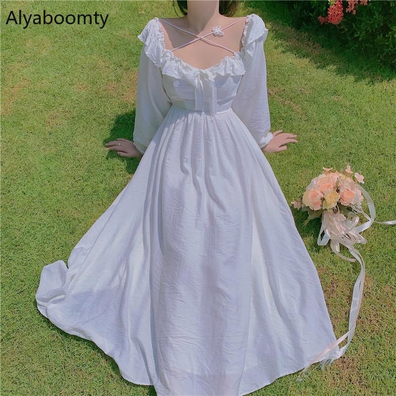 Compra Vestidos Casuales Otoño Mujeres Largo Blanco Vestido De Fiesta De  Hadas Cuadrado Cuello Cruz Mariposa Princesa Elegante Arco De Manga Larga  Femenina Barato | Entrega Rápida Y Calidad | Es.Dhgate