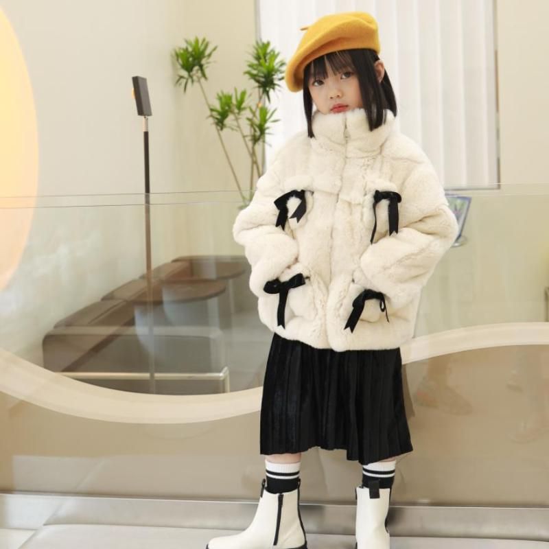 Jackets Children Red Fur Coat Winter Natural Rex Overcoat Bow