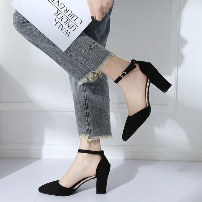 Ladies Single Shoes Fashion Solid Pointed Toe Buckle Strap Sling Backs Causal Heels Single Shoes 