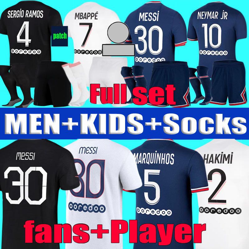 Maillots de football Mbappe Messi Jersey Jersey Men Kids Ensembles 2021 2022 Neymar Hakimi Jr Marquinhos 21 22 Sergio Ramos Shirt Enfants Kit Uniformes