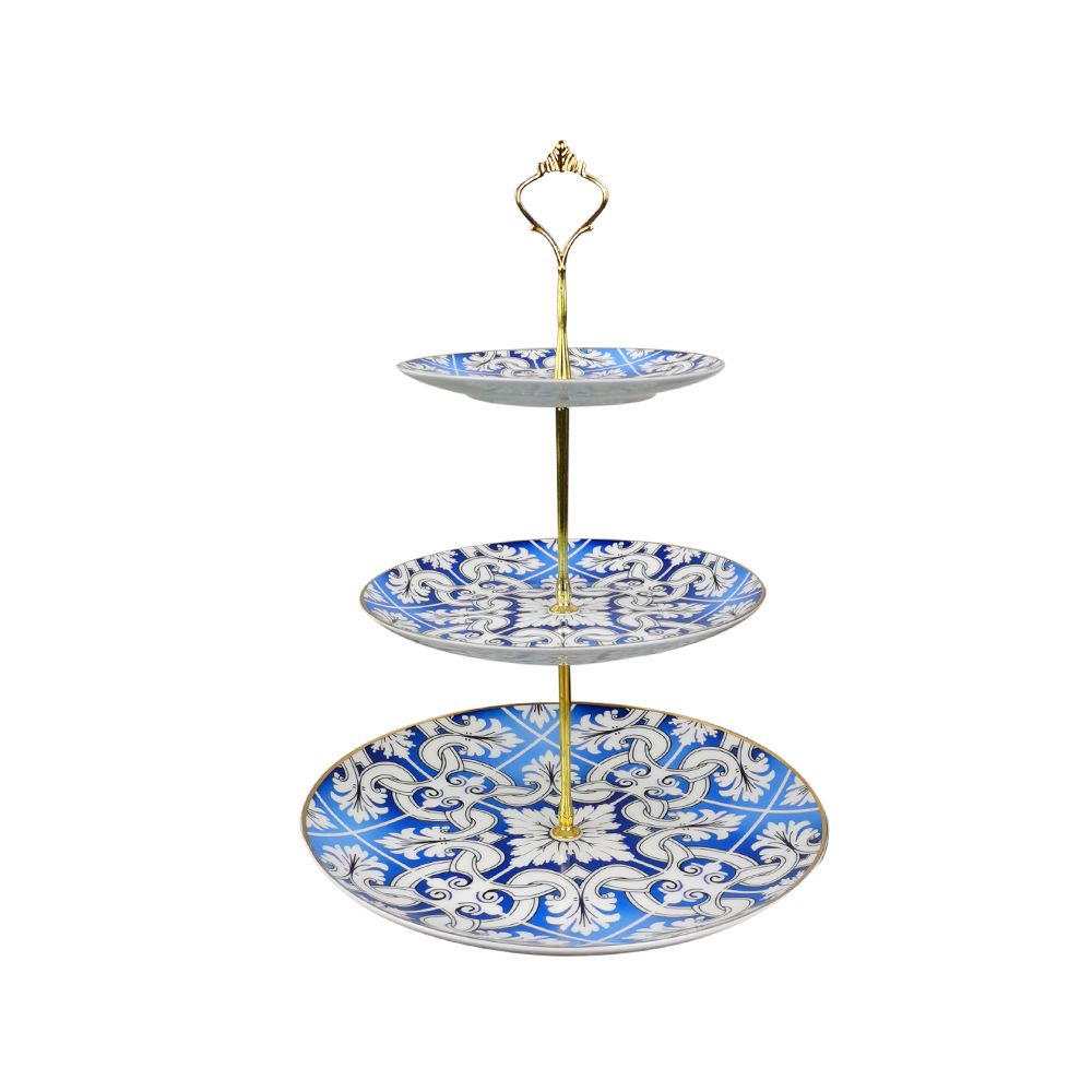 three layer cake plate blue