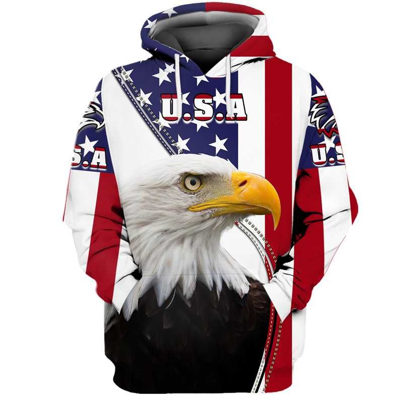 3D Animal Eagle Print Sweatshirts American Flag Hip Hop Unisex Pullovers 