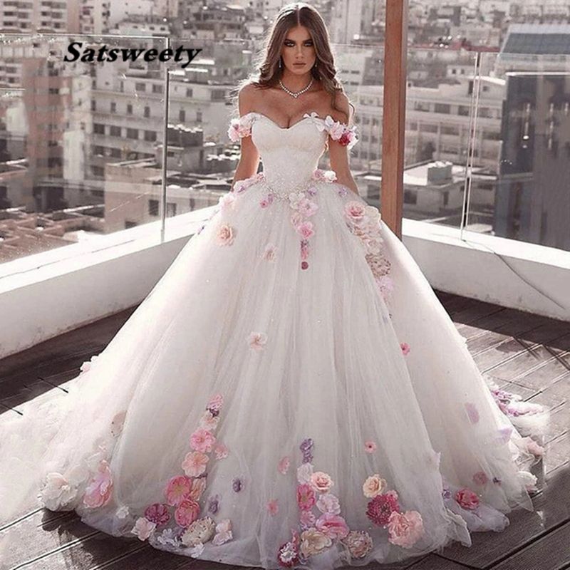 2021 Marfil Off Shoulder Dress Dress Ball Vestido 15 Anos Flowers Fluffy Sweet Vestidos Elegantes