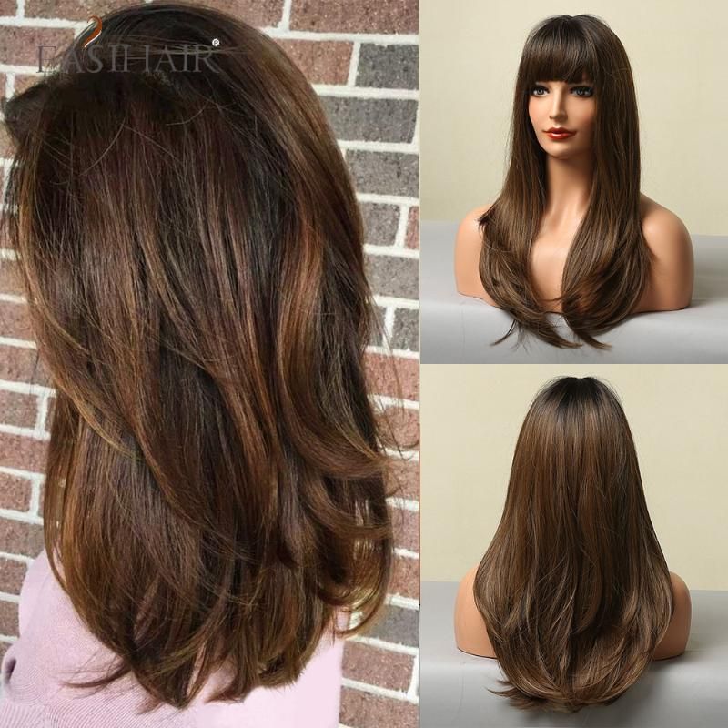 Synthetic Wigs Long Straight For Balck Women Ombre Black Dark Brown Natural  Hair With Bangs Heat
