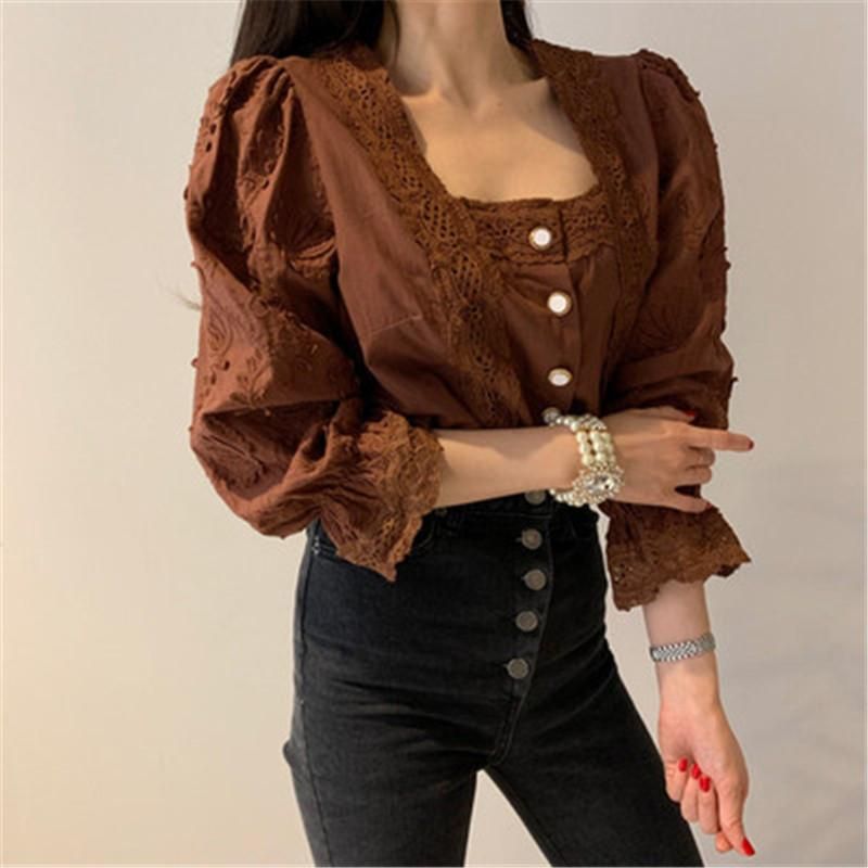 Compra Blusa De Las Mujeres Otoño Estilo Coreano Manga Larga Blusas  Temperamento Cuadrado Collar Remiendo Encaje Hueco Princesa Top Mujeres  Blusas Blusas Camisa Barato | Entrega Rápida Y Calidad | Es.Dhgate