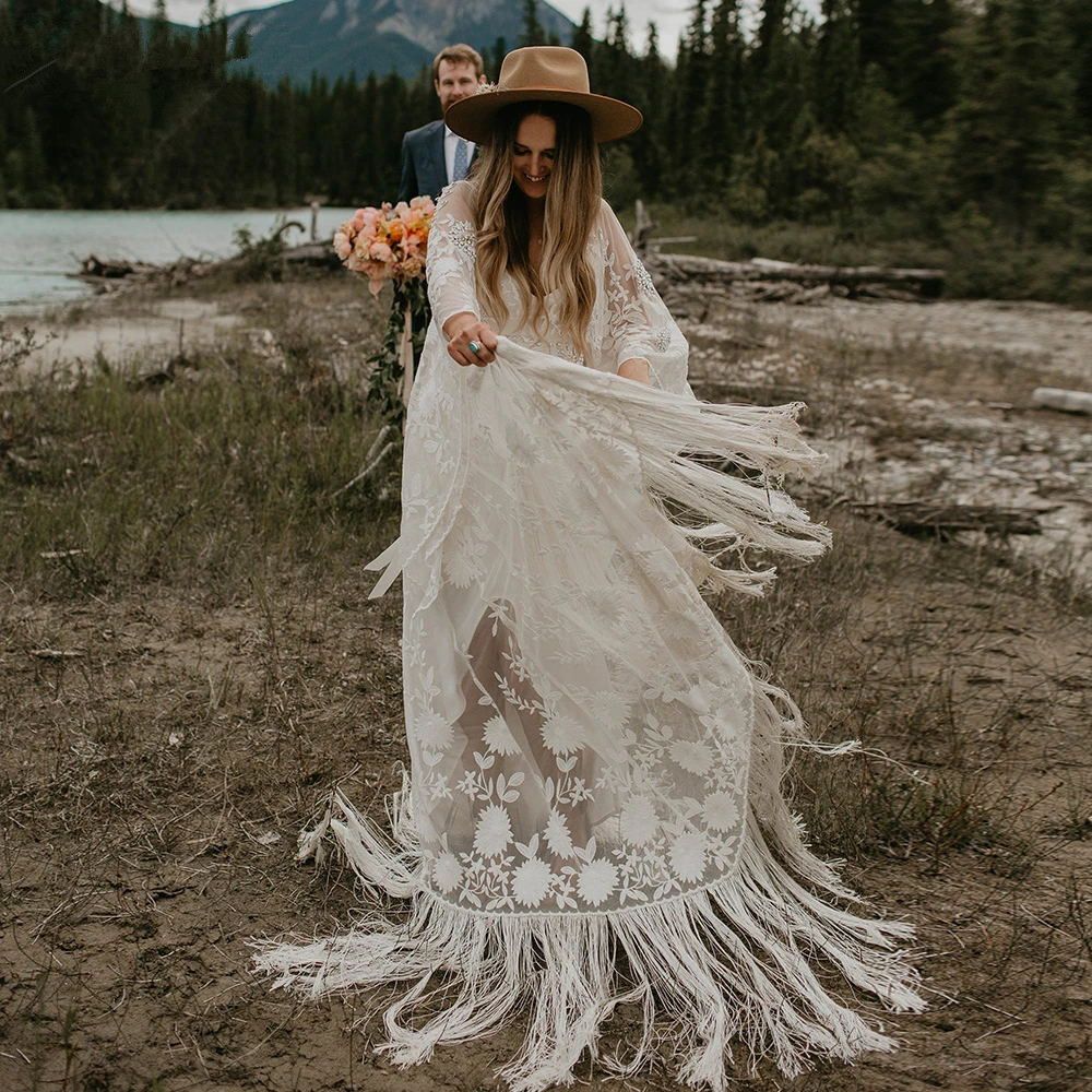 bohemian fringe wedding dress