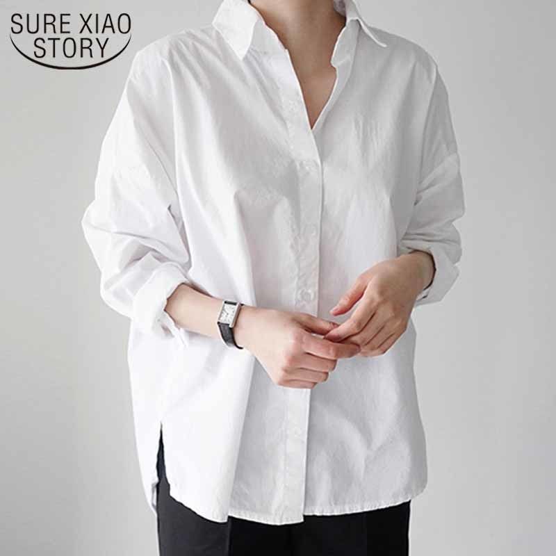 Camisas blancas Algodón Casual suelto Split Tops de manga larga Chic Blusa Mujer