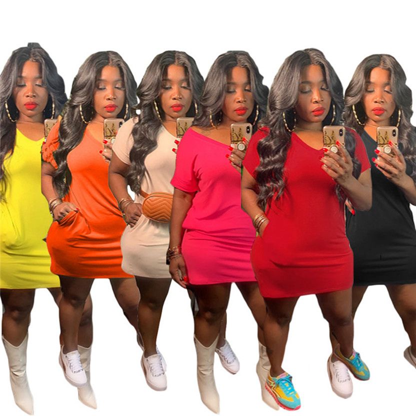 Plus Size S 3xl Women Mini Dresses Short Sleeve One Piece Dress Loose Pockets Skirts Casual Summer Clothing Solid Color Black Miniskirt Sports Wear Dhl 4813 From Mara33 14 48 Dhgate Com