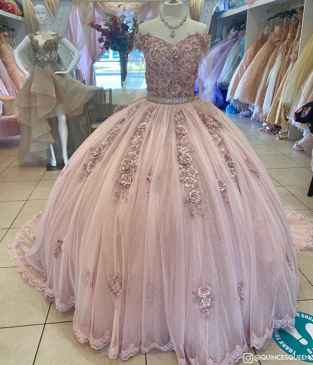 Gorgeous Dusty Pink 2021 Quinceanera Prom Dresses Charro Ball Gown 3D  Floral Flowers Lace Tulle Corset