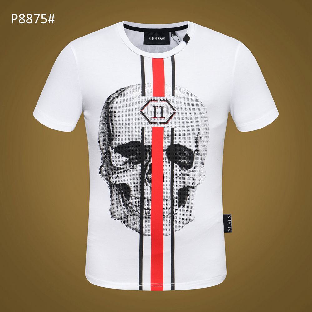 New Fashion Bear Rhinestone Short Sleeve Luxury Men Red Black White Slim  T-Shirt