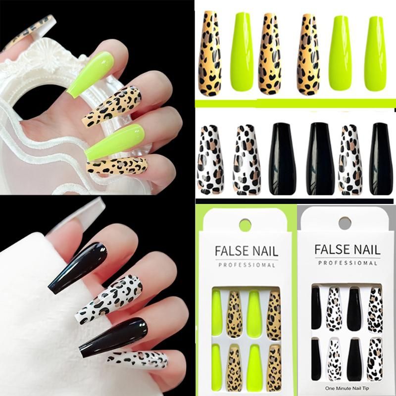 Piezas / set Leopard Print Fake Nails Fake Long Ataffin Elegante brillante  Fluorescente Acrílico Acrílico Tips Herramienta