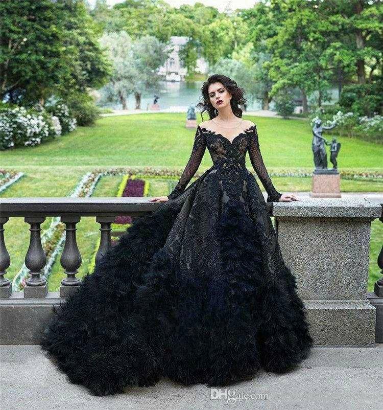 Vestidos de novia negros completos 2022 Encaje Floral Feahter Manga larga Falda hinchada Vintage de novia Tallas grandes