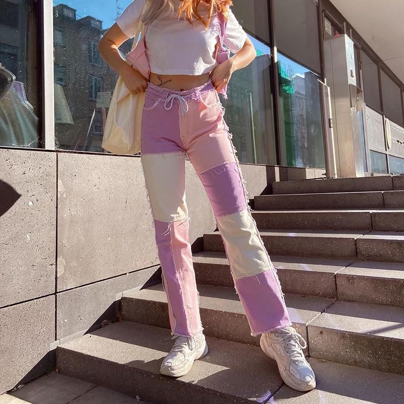 Pink Purple Patchwork Jeans Woman 