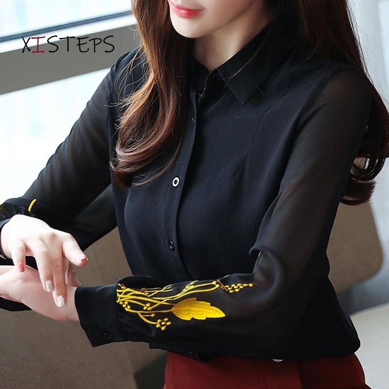 Blusas gasa bordadas Mujeres camisas de falsas negras elegantes Femeninas Oficina Trabajo Use