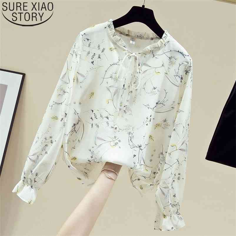 Print Shirt Long Sleeve Women Tops Autumn Floral Chiffon Blouse Casual Stand Collar Clothes Pullover 11147 210512