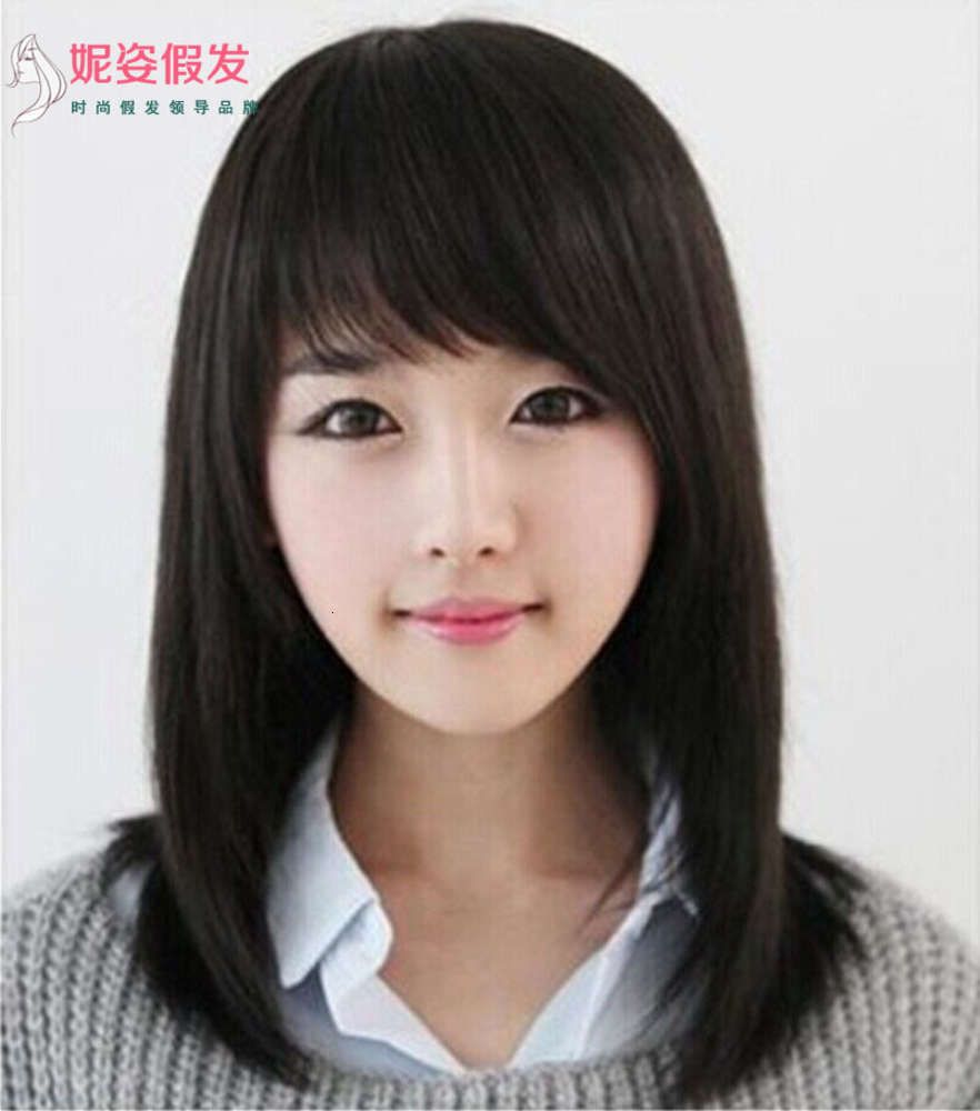 Korean women's Qixie bangs medium long pear flower head short hair whole wig