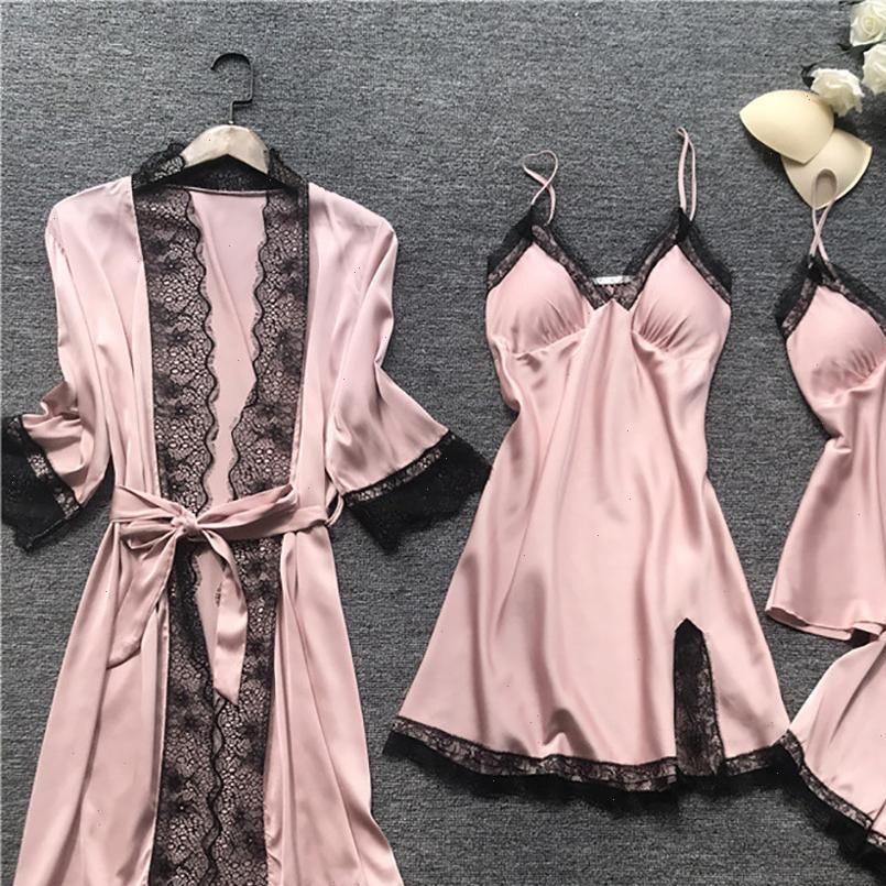 Compra Sexy Robe Vestido Conjuntos Para Mujer Ropa De Baño De Encaje Vestido  De Baño 4 Piezas De Cuatro Piezas Juego De Piel De Seda Femenina Lencería  Barato | Entrega Rápida Y