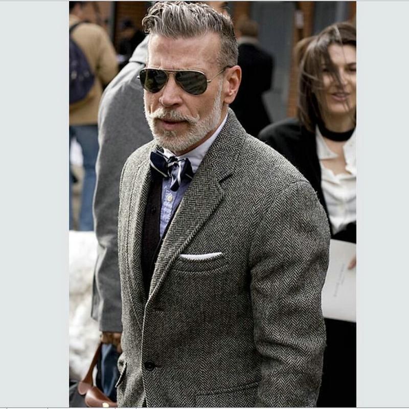 Dark Gray Tweed Blazer Men Wool 