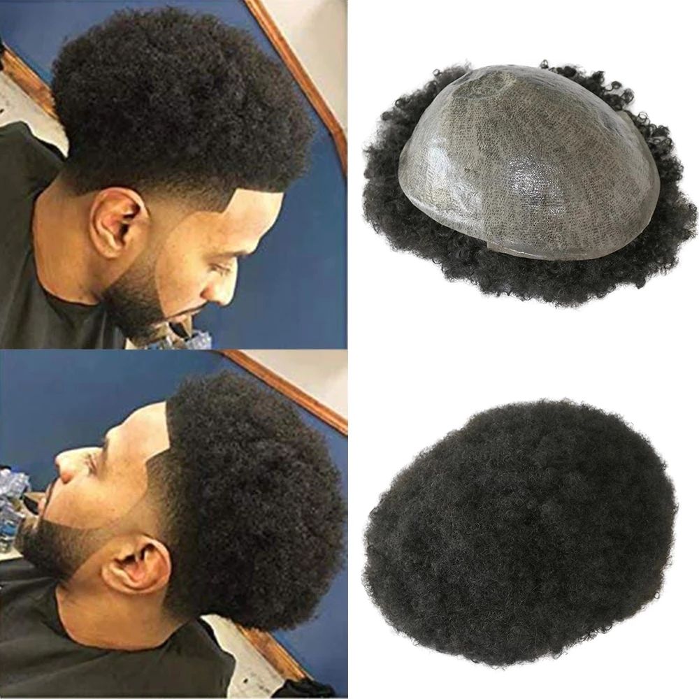 Thin Skin 6MM Man Afro Curly Hair Unit Black Mens Kinky Curl Male Toupee  Human Hairs Wigs Curls PU Full Machine Made