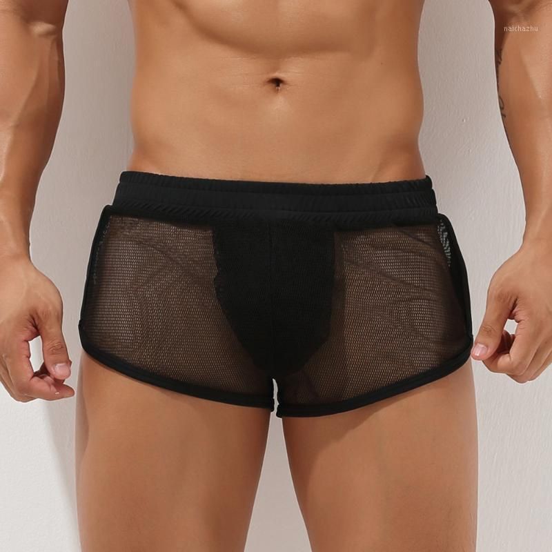 Sexy interior transparente hombres boxeador shorts negro ver a través de malla panties masculinas
