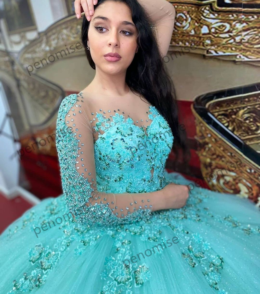 Menta verde bola vestido quinceañera vestidos 2022 manga larga lentejuelas lentejuelas vestidos de fiesta corsé corsé dulce 15 vestido de fiesta Menta verde bola vestido quinceañera vestidos 2022 manga larga lentejuelas lentejuelas vestidos de fiesta corsé corsé dulce 15 vestido de fiesta