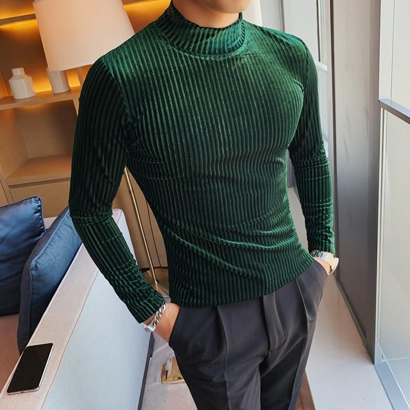 Mens T Shirts Green Turtlneck Velvet T 