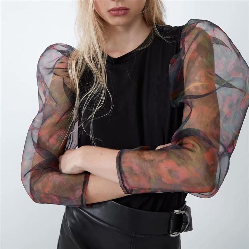 Sexy patchwork mujeres blusas transparente manga larga o cuello camisas hembra elegante 2021