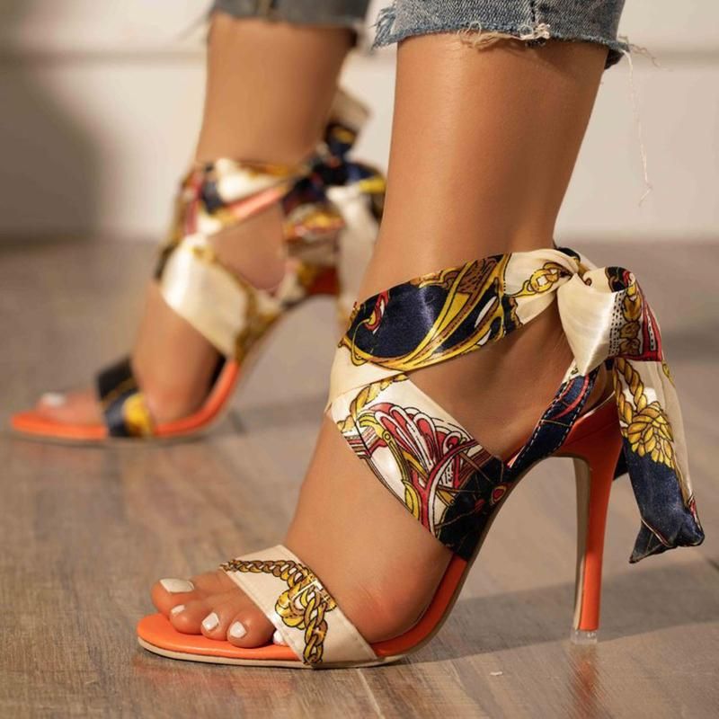 Sandalias romano tela encaje tacones fino tacón alto redondo toe damas moda