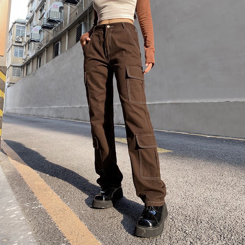 Vintage Fashion Brown Cargo Pants Women 