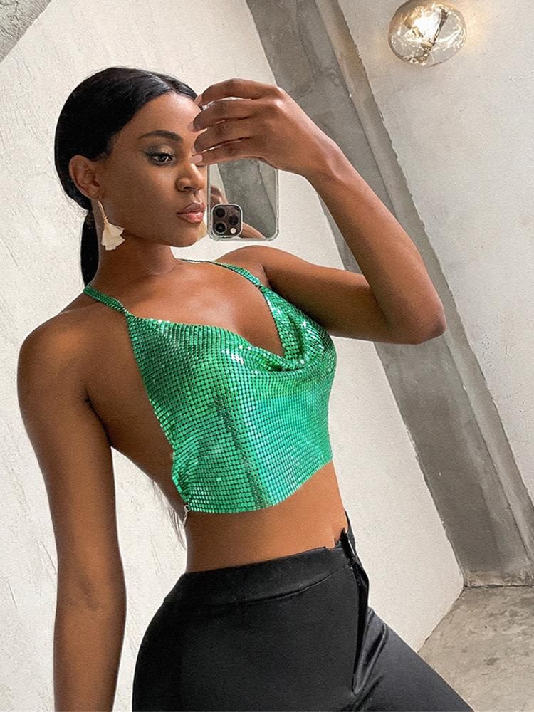 Tanques de mujer camis verde sexy halter top lentejuelas sin espalda sin mangas tubo